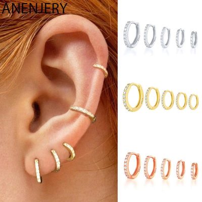 ANENJERY Multi-Size Single Row Zircon Hoop Earrings for Women Men Trendy Simple Silver Color Small Huggies серьги pendientes